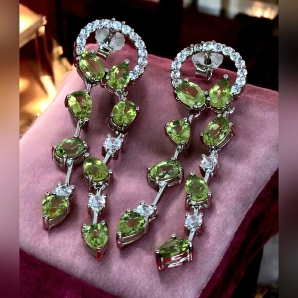 925 Sterling Silver Earrings 5cm with Natural Peridot Gem & CZ - Picture 2 of 8